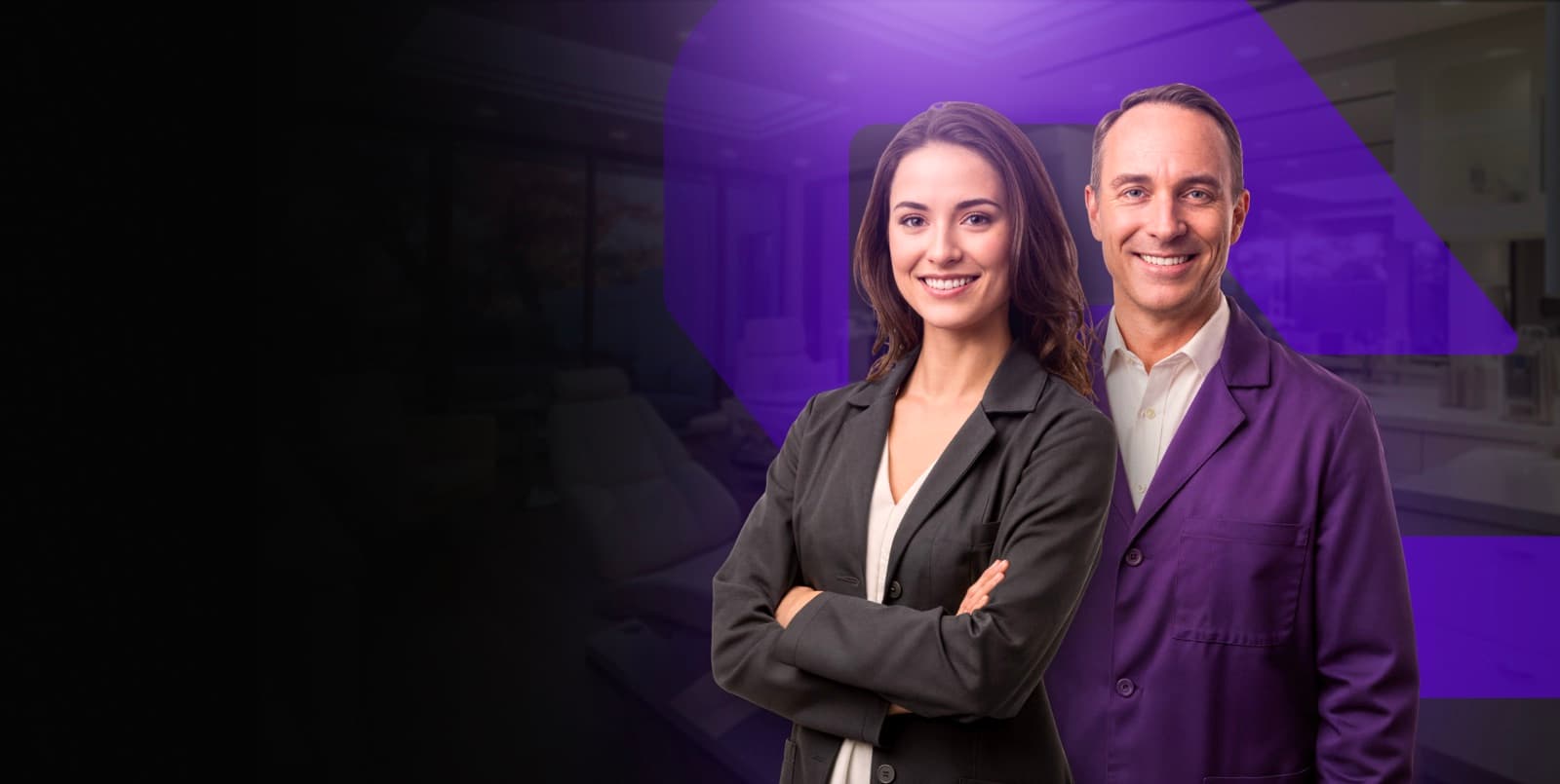 Dupla de dentistas sobre o símbolo violeta da Acronn